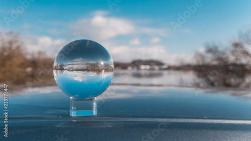 Crystal ball landscape shot in winter