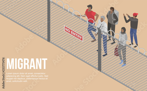 Migrant people at border country concept background. Isometric illustration of migrant people at border country vector concept background for web design