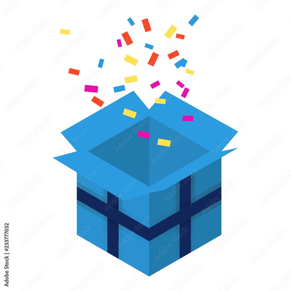 Open blue gift box icon. Isometric of open blue gift box vector icon for web design isolated on white background Open blue gift box icon. Isometric of open blue gift box vector icon for web design isolated on white background
