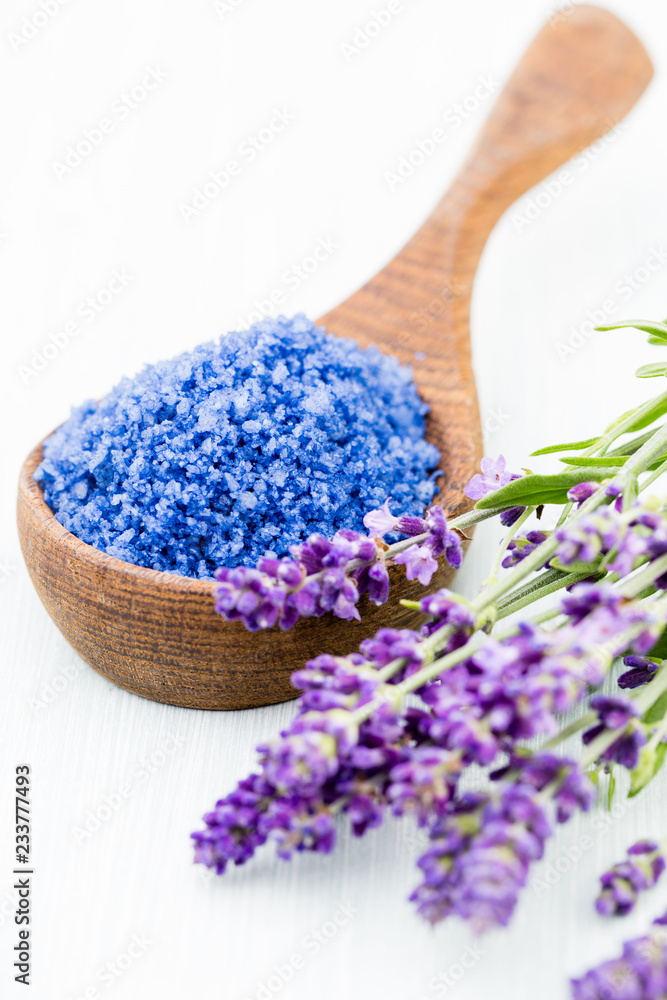 Essential lavender salt with flowers top view. Essential lavender salt with flowers top view.