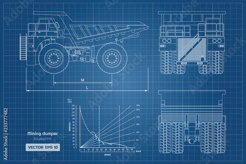 Blueprint of mining dumper. Side, back and front view. Outline heavy truck image. Industrial drawing of cargo car. Diesel  automobile blueprint