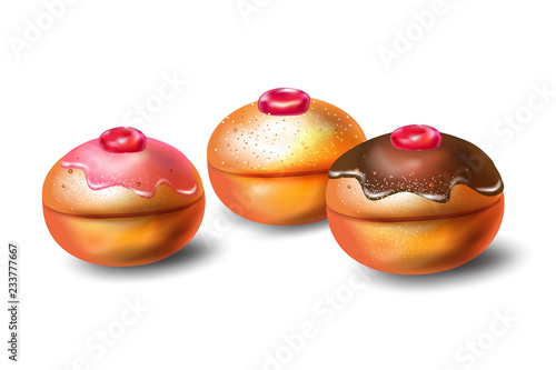 Happy Hanukkah traditional food Jewish Holiday Hanuka festival of lights, doughnut symbol. Chanuka baked Donuts with Easy Chocolate & Berry Glaze isolated on white background. Chanukah cookies icon