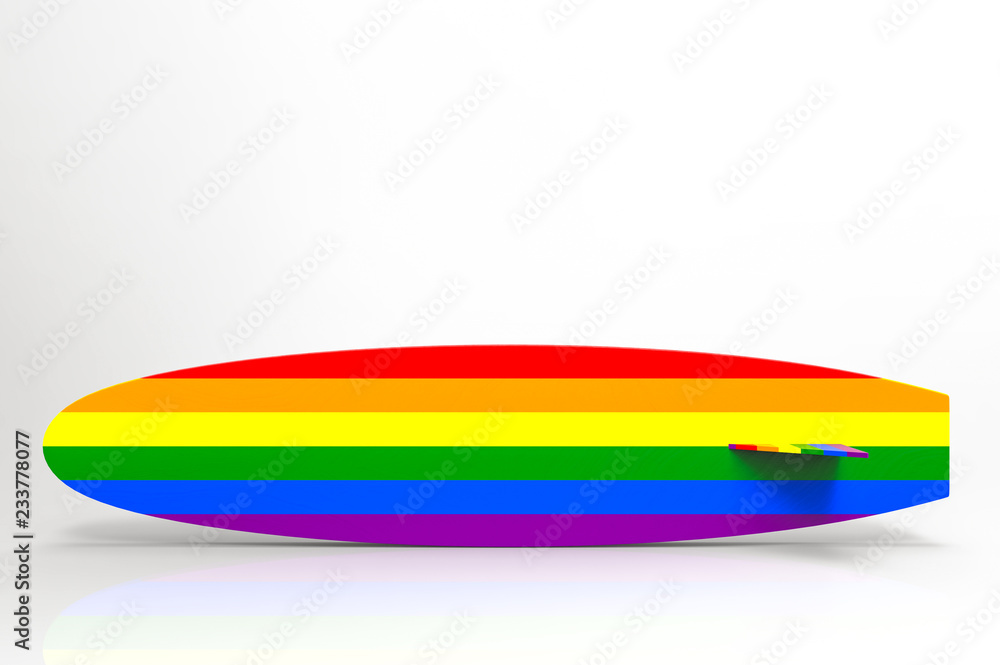 3d rendering. lgbt rainbow color surfboard with clipping path on gray background. 3d rendering. lgbt rainbow color surfboard with clipping path on gray background.