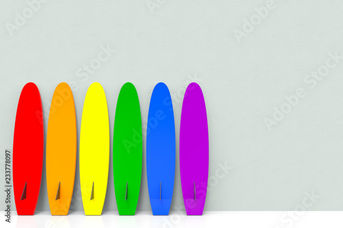 3d rendering. lgbt rainbow color surfboard on gray cement background.