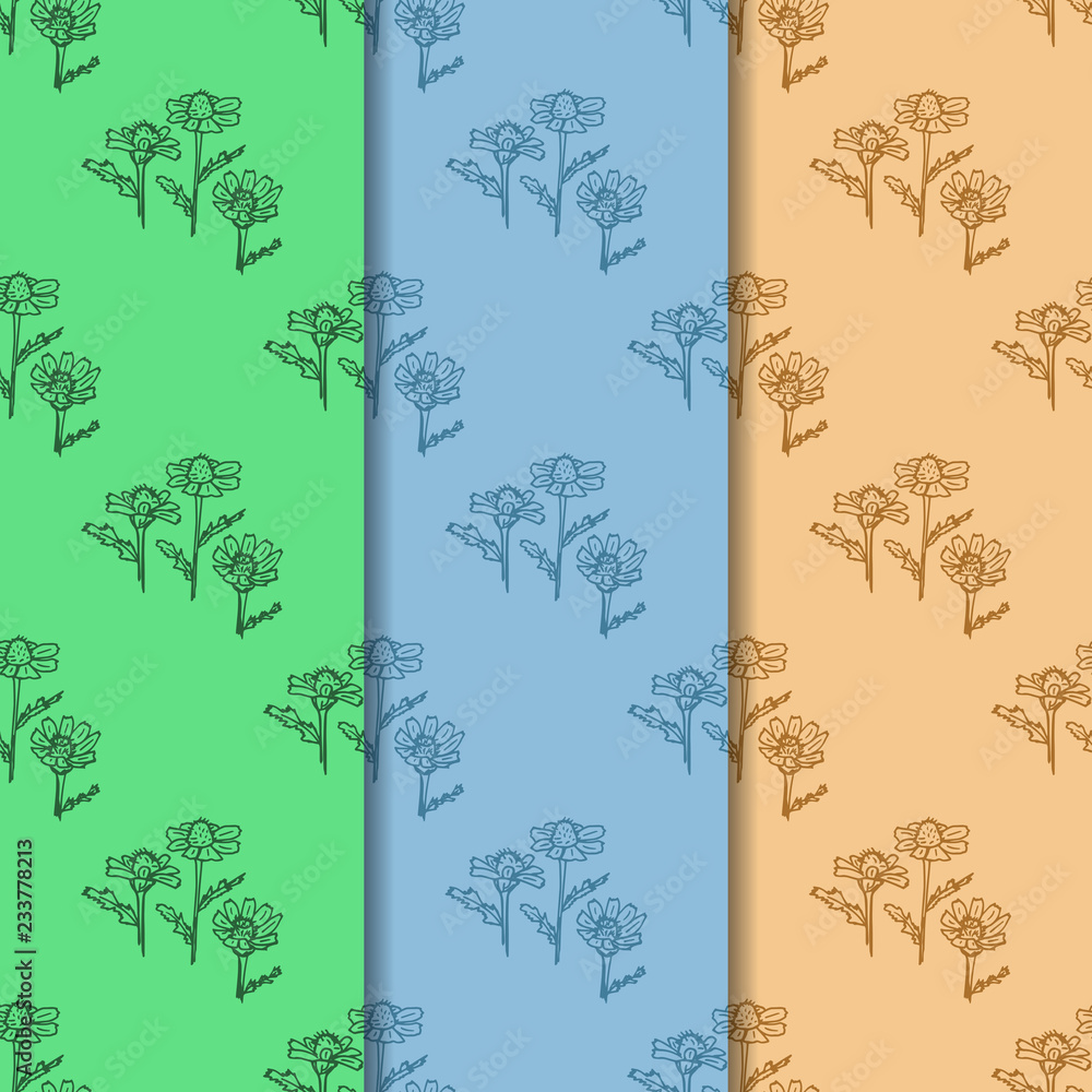 flower seamless pattern set of three green, blue, beige