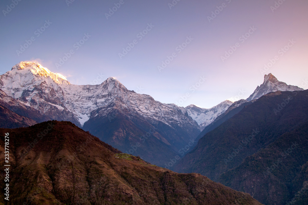 Sunrise over Annapurna Himalaya Range viewed from Ghandruk Village