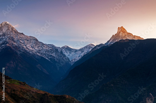 Sunrise over Annapurna Himalaya Range viewed from Ghandruk Village