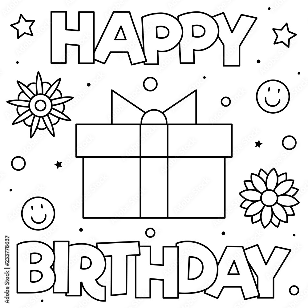 Happy Birthday. Coloring page. Black and white vector illustration. Векторный объект Stock