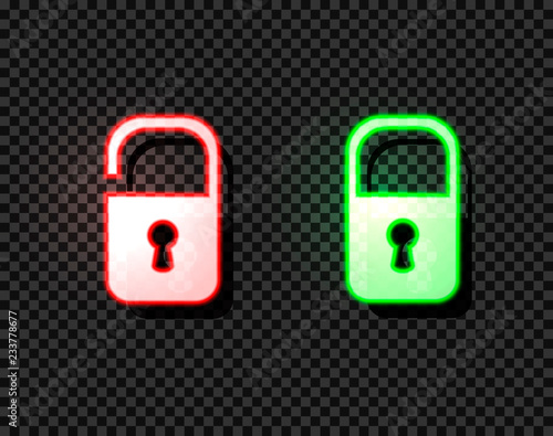 Vector Neon Lock and Unlock Icons, Bright Luminous Signs Isolated.