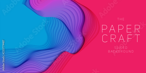 Vector 3D abstract background with paper cut neon shape. Colorful carving art. Paper craft Antelope canyon landscape with gradient colors. Minimalistic design for business presentations, flyers.