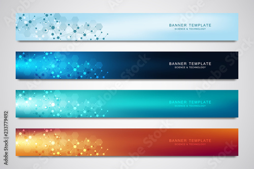 Vector banners and headers for site with molecules background and neural network. Genetic engineering or laboratory research. Abstract geometric texture for medical, science and technology design.