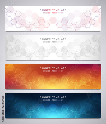 Set of vector banners and headers for site with medical background and hexagons pattern. Abstract geometric texture. Modern design for decoration website and other ideas.