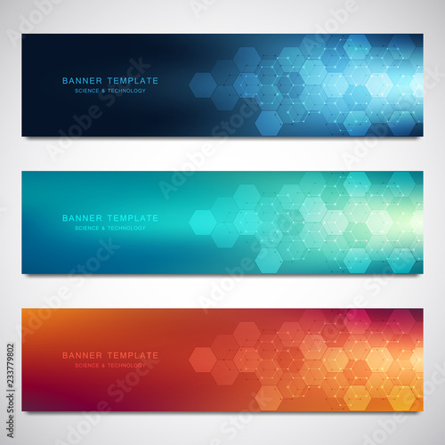 Set of vector banners and headers for site with medical background and hexagons pattern. Abstract geometric texture. Modern design for decoration website and other ideas.
