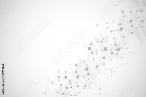 Abstract geometric texture with molecular structures and neural network. Molecules DNA and genetic research. Plexus background. Vector illustration for medical, scientific and technological design.