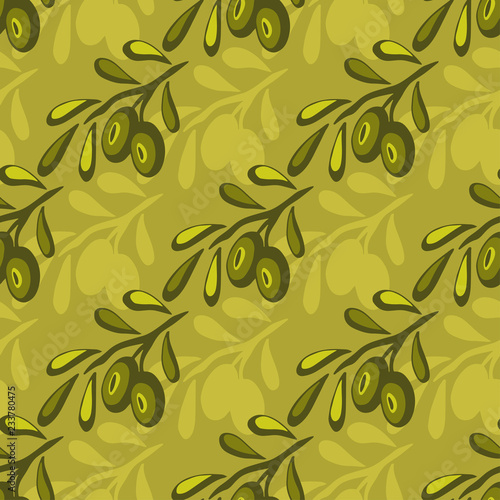 Olives seamless pattern. Modern green wallpaper. Textile olive print. Interior decor and kitchen pattern design.