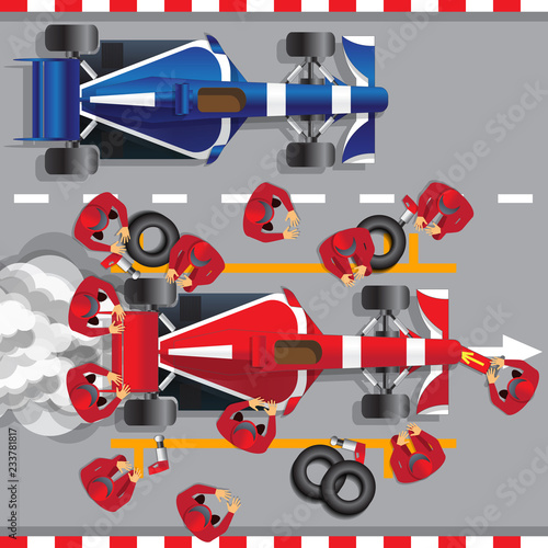Maintenance of a racing car. View from above. Vector illustration.