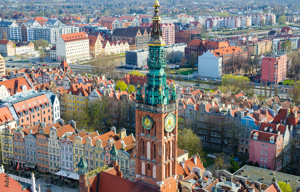 Aerial view of old historical town centre, Gdansk, Poland