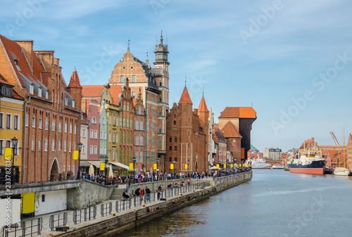 Zuraw Crane and colorful buildings on Motlawa river, Gdansk, Poland