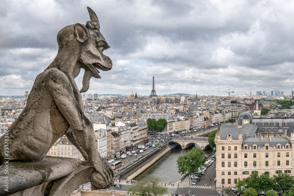 Gargoyle statue on top of the Notre Dame Cathedral, Paris, France