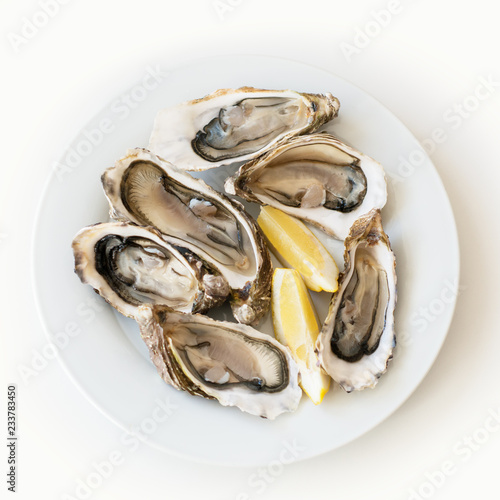 Fresh oysters with lemon. Raw fresh oysters on white round plate, image isolated, with soft focus. Restaurant delicacy. Saltwater oysters