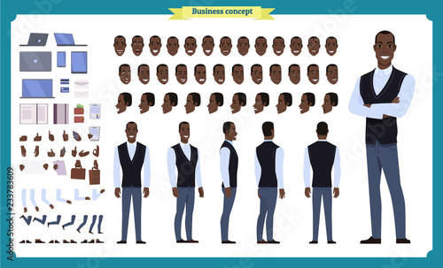People character business set. Front, side, back view animated character. Black american Businessman character creation set.simple, face emotions, poses and gestures.flat isolated vector