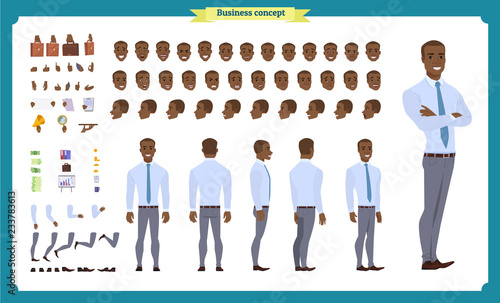 People character business set. Front, side, back view animated character. Black american Businessman character creation set.simple, face emotions, poses and gestures.flat isolated vector