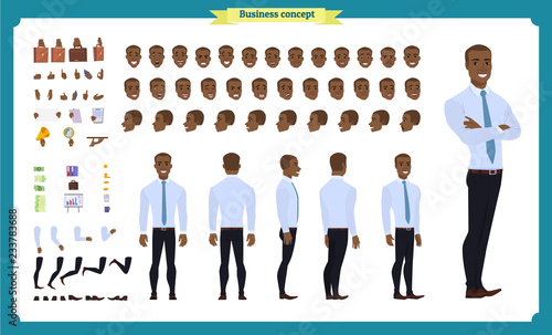 People character business set. Front, side, back view animated character. Black american Businessman character creation set.simple, face emotions, poses and gestures.flat isolated vector