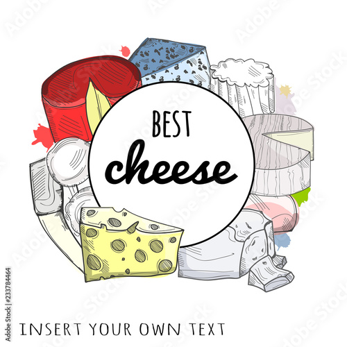 Hand drawn various sorts of cheese. Colored graphic vector logo (frame). Insert your own text