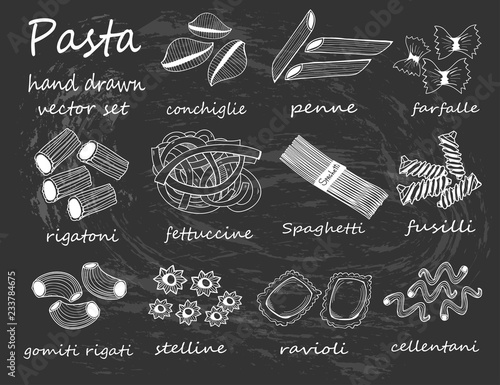Hand drawn various sorts and shapes of pasta. Graphic vector set. All elements are isolated. Chalk style. Black background