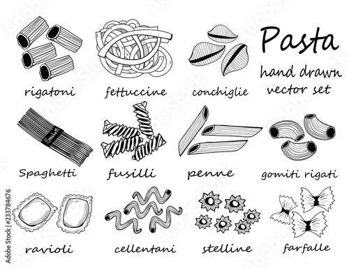 Hand drawn various sorts and shapes of pasta. Graphic vector set. All elements are isolated 
