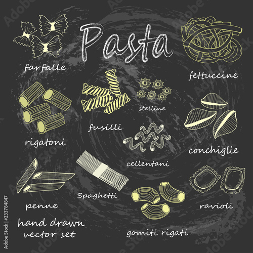 Hand drawn various sorts and shapes of pasta. Colored graphic vector set. All elements are isolated. Chalk style. Black background