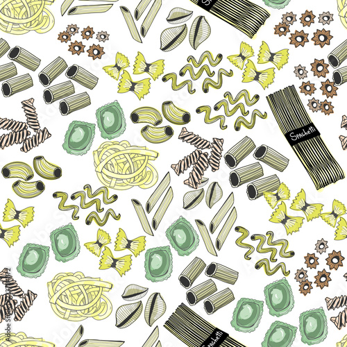 Hand drawn various sorts and shapes of pasta. Colored graphic vector seamless pattern