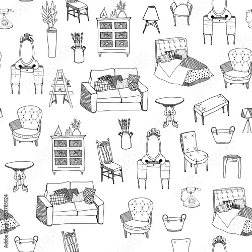Hand drawn creative graphic furniture. Vector seamless pattern