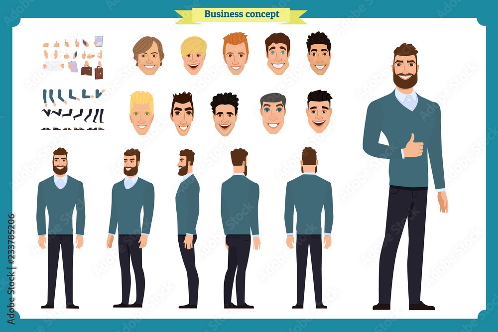 Business casual fashion. Front, side, back view animated character. Manager character constructor with various views, hairstyles, face emotions, poses and gestures.flat vector Business casual fashion. Front, side, back view animated character. Manager character constructor with various views, hairstyles, face emotions, poses and gestures.flat vector
