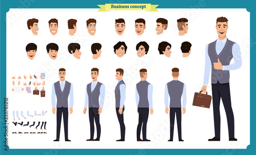 Business casual fashion. Front, side, back view animated character. Manager character constructor with various views, hairstyles, face emotions, poses and gestures.flat vector
