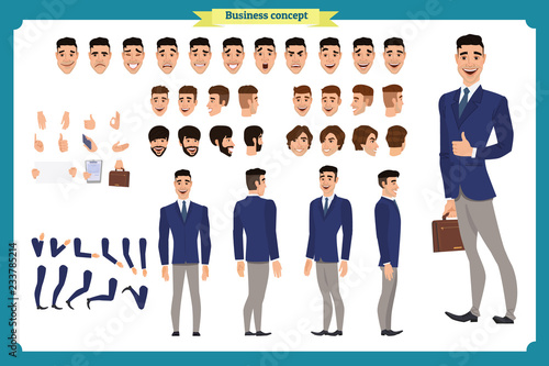 Business casual fashion. Front, side, back view animated character. Manager character constructor with various views, hairstyles, face emotions, poses and gestures.flat vector