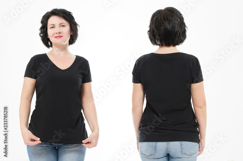 Women black blank t shirt, front and back rear view isolated on white background. Template shirt, copy space and mock up for print design.