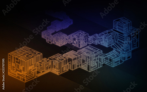 The image illustrates blockchain - the series of data blocks. Dark colors background.