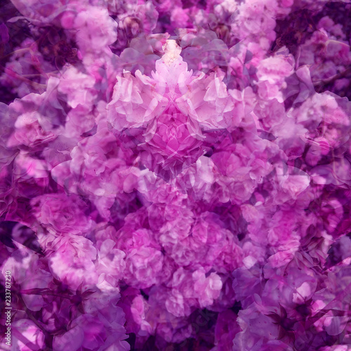 Double exposure. Beautiful flowers as background. 