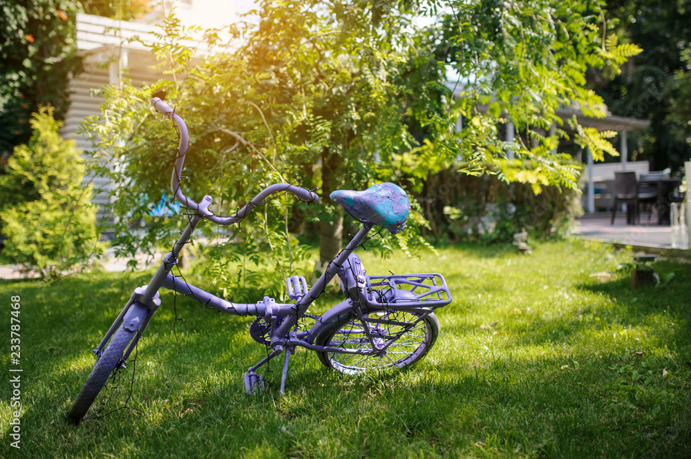 Fototapeta premium Closeup photo of a medium sized vintage bike as a decor object in the garden of an wedding restaurant