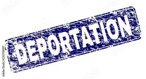 DEPORTATION stamp seal watermark with distress style. Seal shape is a rounded rectangle with frame. Blue vector rubber print of DEPORTATION label with grunge style.