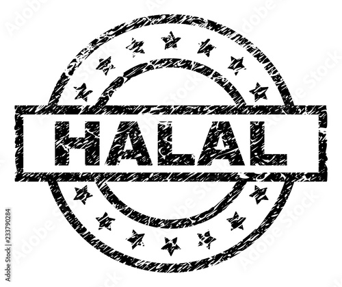 HALAL stamp seal watermark with distress style. Designed with rectangle, circles and stars. Black vector rubber print of HALAL text with unclean texture.