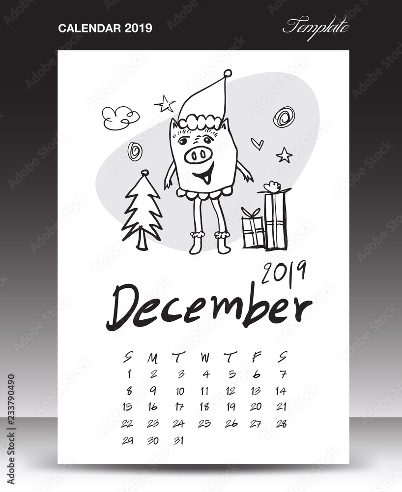 Pig calendar for 2019, Lettering calendar, December 2019 template, hand-drawn pig cartoon vector illustration Can be used for postcard, gift card, banner, poster, card and printable, china calendar