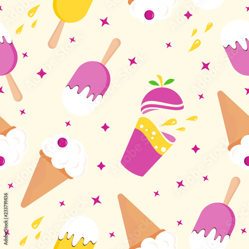 Vector seamless pattern with ice cream, glass with fresh. Cute background for greeting card, textile or fabric, poster, print on clothing, ice-cream cafe, menu cover. Creative summer wallpaper. © Kateryna