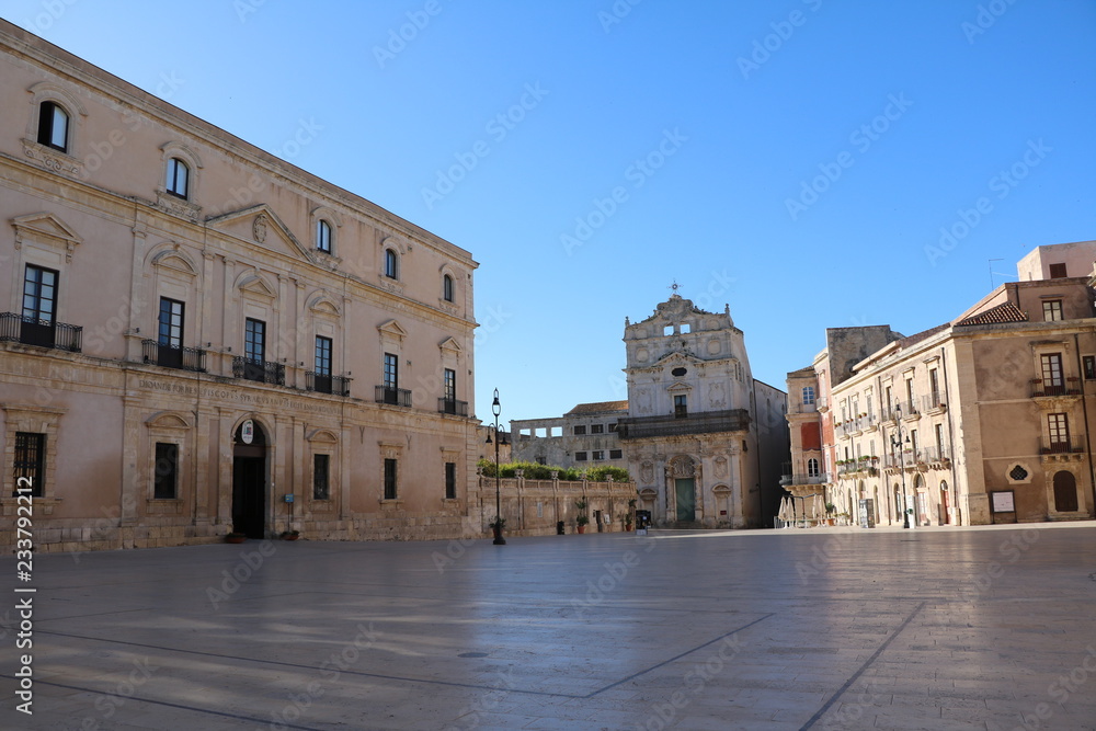 View to Santa Lucia alla Badia at Piazza duomo in Ortygia Syracuse, Sicily Italy