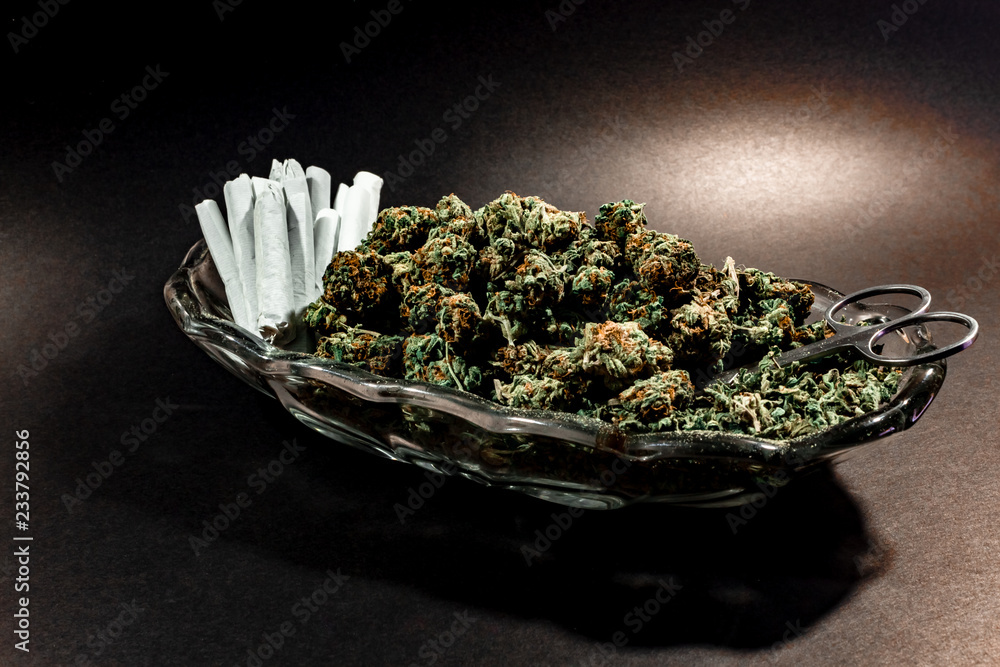 Classy glass dish with marijuana bud, scissors and a dozen joints on black with spot lighting
