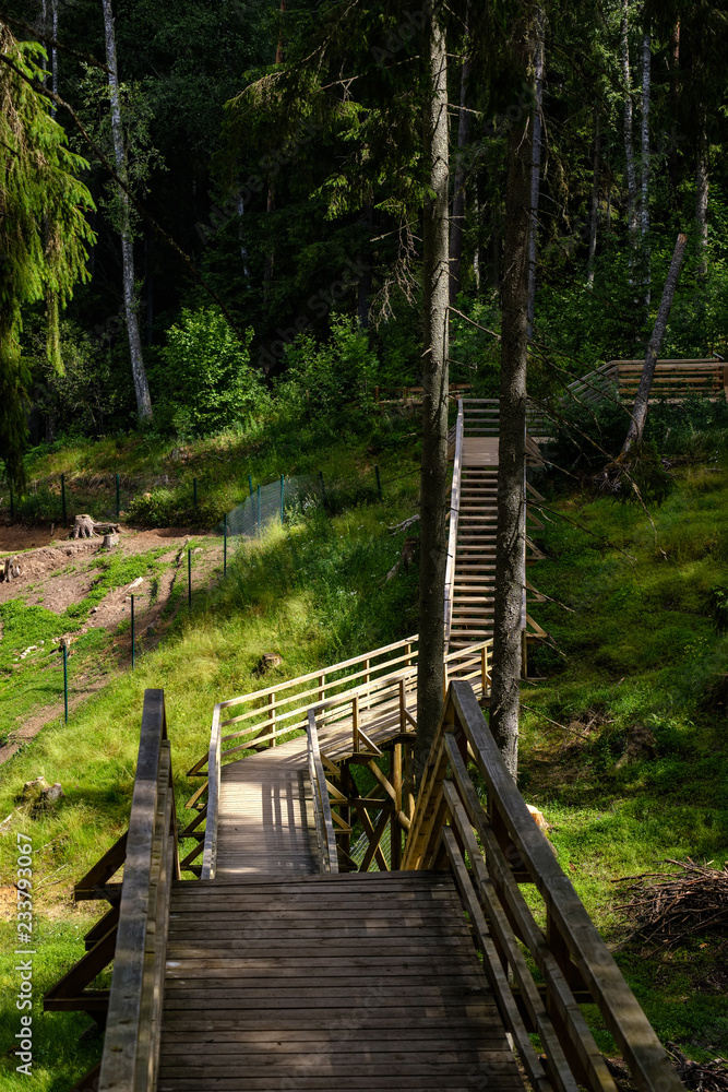 Fototapeta premium wooden and composite material foot bridge over water