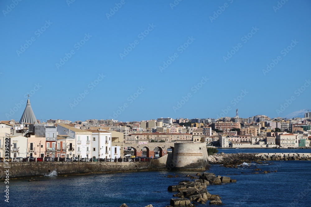 Coast of Ortigia Island of Syracuse at the Mediterranean Sea, Sicily Italy Coast of Ortigia Island of Syracuse at the Mediterranean Sea, Sicily Italy
