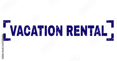 VACATION RENTAL text seal print with distress texture. Text label is placed inside corners. Blue vector rubber print of VACATION RENTAL with unclean texture.