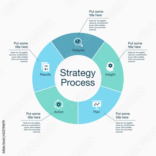 Infographic for strategy process visualization template with colorful pie chart and icons, isolated on light background. Easy to use for your website or presentation.
